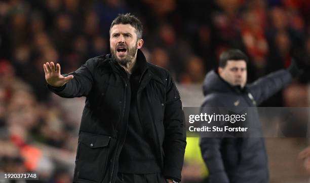 Middlesbrough head coach Michael Carrick reacts on the touchline during the Carabao Cup Semi Final First Leg match between Middlesbrough and Chelsea...