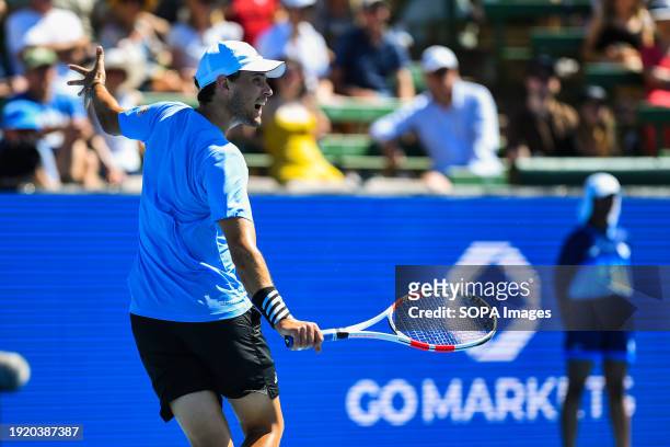 Dominic Thiem of Austria seen in action during third match of Day 2 of the Care Wellness Kooyong Classic Tennis Tournament against Sir Andy Murray of...