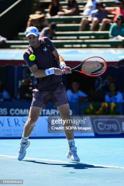 Sir Andy Murray of Great Britain seen in action during third match of Day 2 of the Care Wellness Kooyong Classic Tennis Tournament against Dominic...