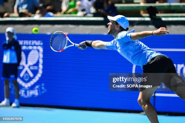 Dominic Thiem of Austria seen in action during third match of Day 2 of the Care Wellness Kooyong Classic Tennis Tournament against Sir Andy Murray of...