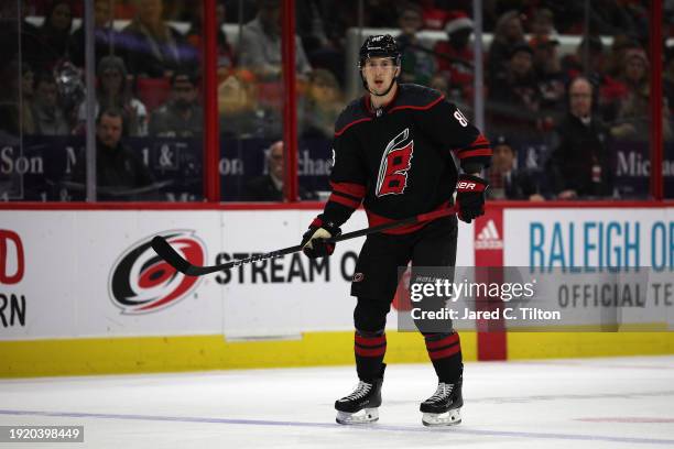 Martin Necas of the Carolina Hurricanes skates without the puck during the third period of the game against the Vegas Golden Knights at PNC Arena on...