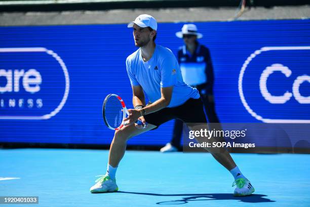 Dominic Thiem of Austria seen in action during third match of Day 2 of the Care Wellness Kooyong Classic Tennis Tournament against Sir Andy Murray of...