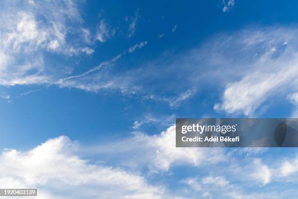 white cirrus clouds in a blue sky - wispy stock pictures, royalty-free photos & images