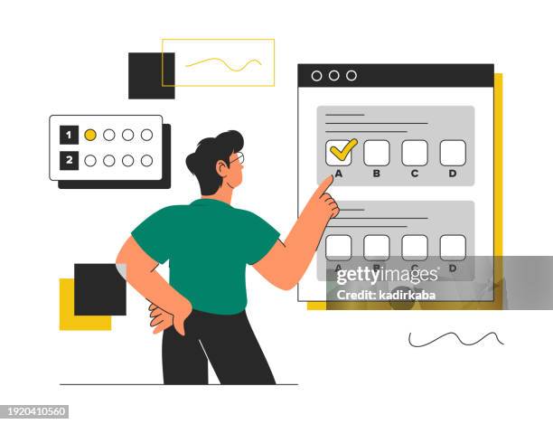 ilustraciones, imágenes clip art, dibujos animados e iconos de stock de concepto de ilustraciones de encuestas en línea. estilo vectorial de moda. - cuestionario