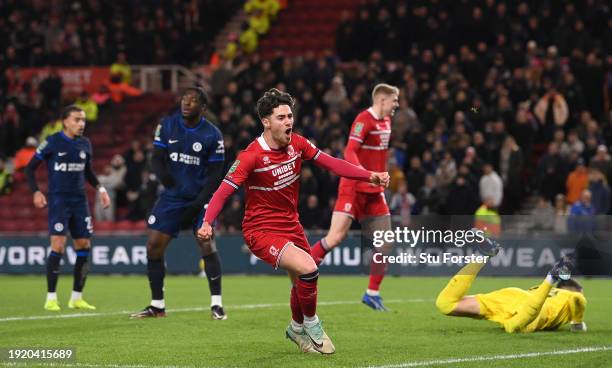 Middlesbrough player Hayden Hackney celebrates after scoring the first goal during the Carabao Cup Semi Final First Leg match between Middlesbrough...