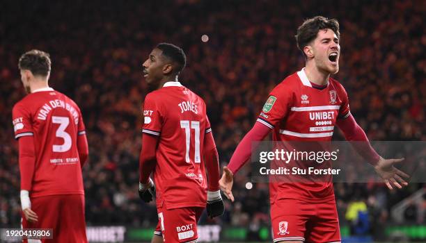 Middlesbrough player Hayden Hackney celebrates after scoring the first goal during the Carabao Cup Semi Final First Leg match between Middlesbrough...