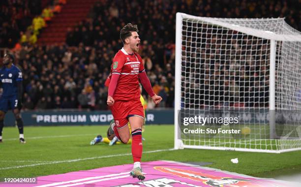 Middlesbrough player Hayden Hackney celebrates after scoring the first goal during the Carabao Cup Semi Final First Leg match between Middlesbrough...