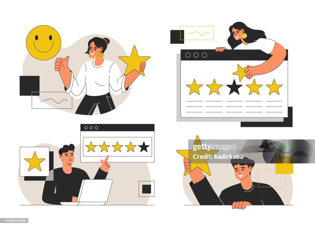 Konzept für Zufriedenheitsillustrationen. Trendiger Vektorstil. Feedback, Bewertung, Rezension, Kunde, Abstimmung.