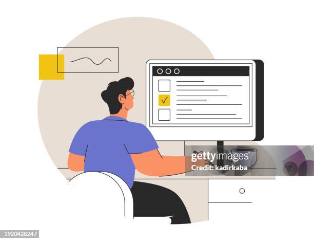 online-prüfungen, illustrationen, konzept. trendiger vektorstil. bestätigung. - formular stock-grafiken, -clipart, -cartoons und -symbole