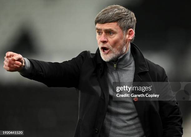 Bradford City manager during the Bristol Street Motors Trophy match between Derby County and Bradford City at Pride Park on January 09, 2024 in...