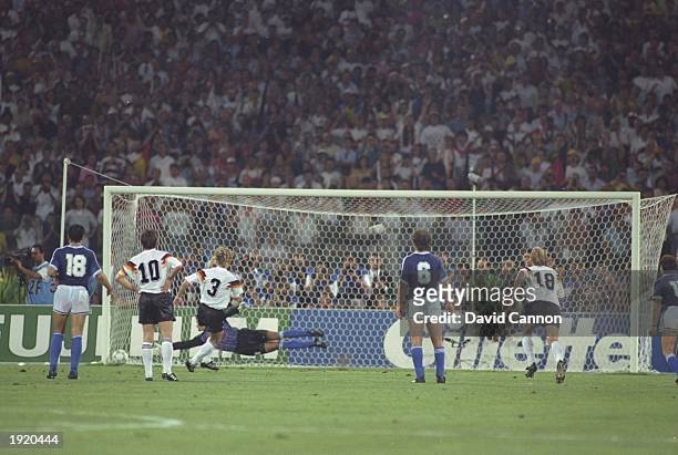 Andreas Brehme of West Germany beats Goycochea to score a penalty during the World Cup final against Argentina at the Olympic Stadium in Rome. West...