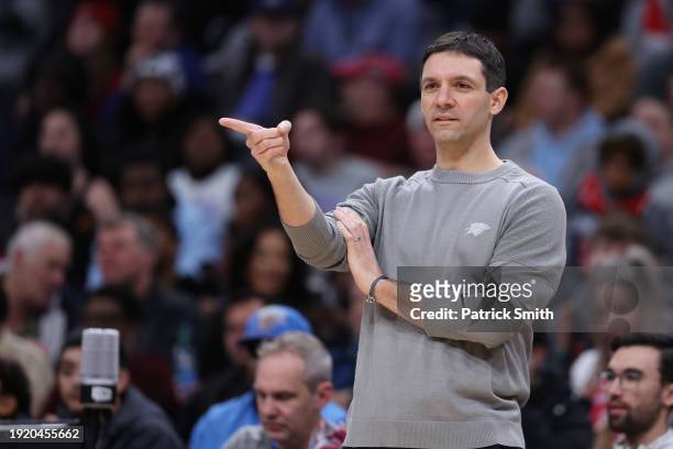 Head coach Mark Daigneault of the Oklahoma City Thunder looks on against the Washington Wizards during the second half at Capital One Arena on...