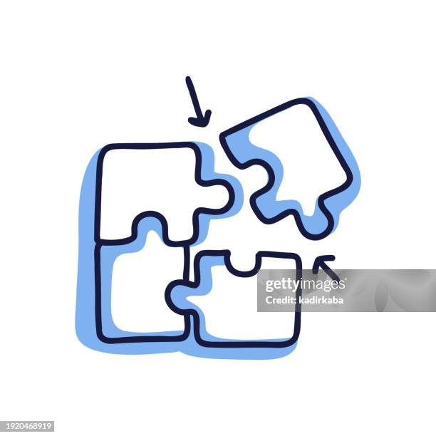 ilustraciones, imágenes clip art, dibujos animados e iconos de stock de dibujo de la solución, icono dibujado a mano, estilo garabato. colaboración, trabajo en equipo, rompecabezas, parte de - linear icons puzzle pieces