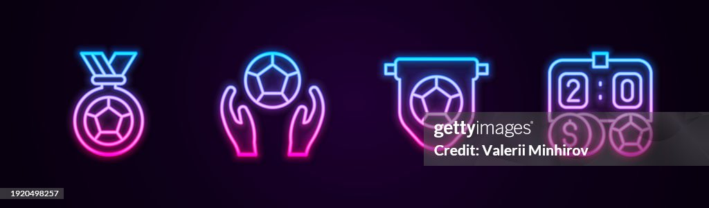 Set Line Fußball oder Fußballmedaille, Fußballfußball, Fahnenwimpel und Wettgeld. Leuchtende Neon-Ikone. Vektor