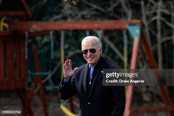 President Joe Biden walks to Marine One on the South Lawn of the White House January 12, 2024 in Washington, DC. President Biden is traveling to...