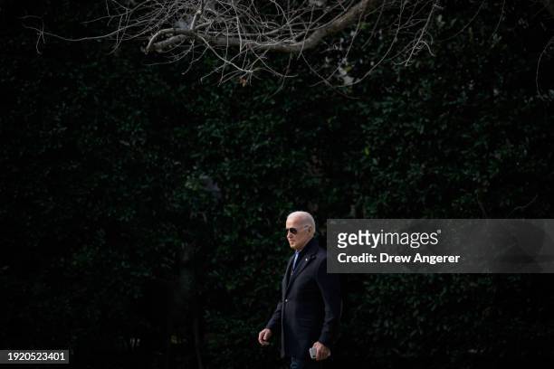 President Joe Biden walks to Marine One on the South Lawn of the White House January 12, 2024 in Washington, DC. President Biden is traveling to...