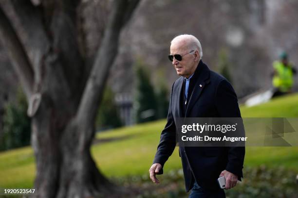 President Joe Biden walks to Marine One on the South Lawn of the White House January 12, 2024 in Washington, DC. President Biden is traveling to...