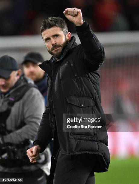 Middlesbrough head coach Michael Carrick celebrates after the Carabao Cup Semi Final First Leg match between Middlesbrough and Chelsea at Riverside...