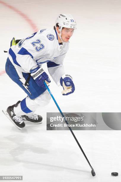 Mikey Eyssimont of the Tampa Bay Lightning skates with the puck against the Minnesota Wild during the game at the Xcel Energy Center on January 4,...