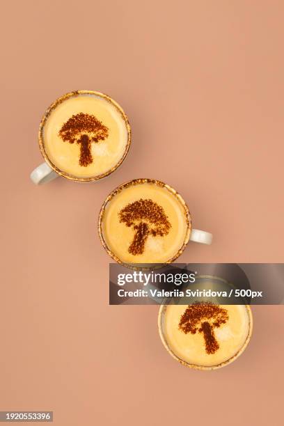 directly above shot of mushroom coffee,trendy healthy drink with antioxidants - superfood stock pictures, royalty-free photos & images