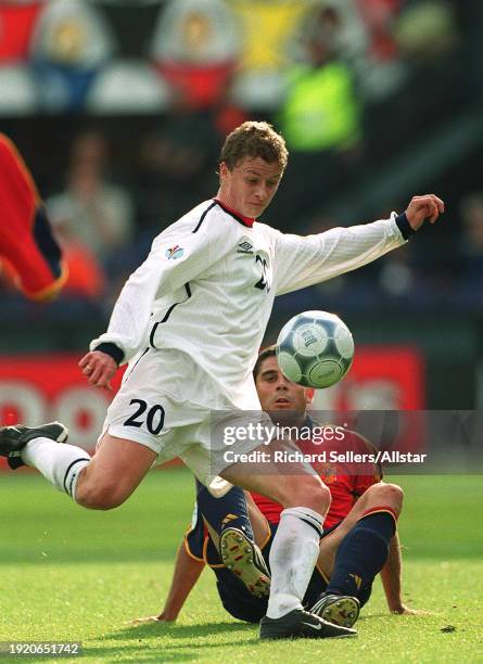 June 13: Ole Gunnar Solskjaer of Norway kicking during the UEFA Euro 2000 Group C match between Spain and Norway at Stadion Feyenoord 'de Kuip' on...