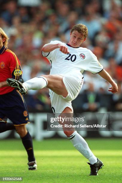 June 13: Ole Gunnar Solskjaer of Norway kicking during the UEFA Euro 2000 Group C match between Spain and Norway at Stadion Feyenoord 'de Kuip' on...