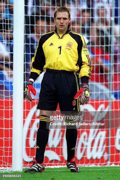 June 21: Santiago Canizares of Spain in action during the UEFA Euro 2000 Group C match between Yugoslavia and Spain at Jan Breydelstadion on June 21,...