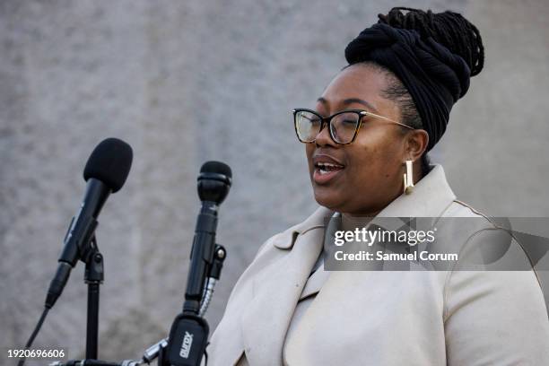 Brandyn Poole sings "Lift Every Voice and Sing" during a ceremonial wreath laying at the Martin Luther King Jr. Memorial on January 12, 2024 in...