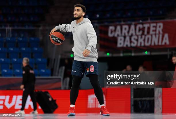 Markus Howard, #0 of Baskonia Vitoria-Gasteiz warms up prior to the Turkish Airlines EuroLeague Regular Season Round 21 match between Baskonia...