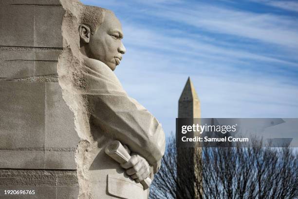 The Martin Luther King Jr. And Washington Monuments are seen ahead of a wreath laying ceremony at the Martin Luther King Jr. Memorial on January 12,...