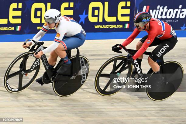 Britain's Neah Evans and Norway's Anita Yvonne Stenberg compete in the Points race of the Women's Omnium during the third day of the UEC European...
