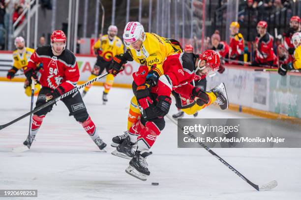 Joel Vermin of SC Bern clashes with Jason Fuchs of Lausanne HC during the Swiss National League game between Lausanne HC and SC Bern at Vaudoise...