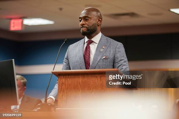 Special prosecutor Nathan Wade speaks during a motions hearing for former U.S. President Donald Trump's election interference case at the Lewis R....