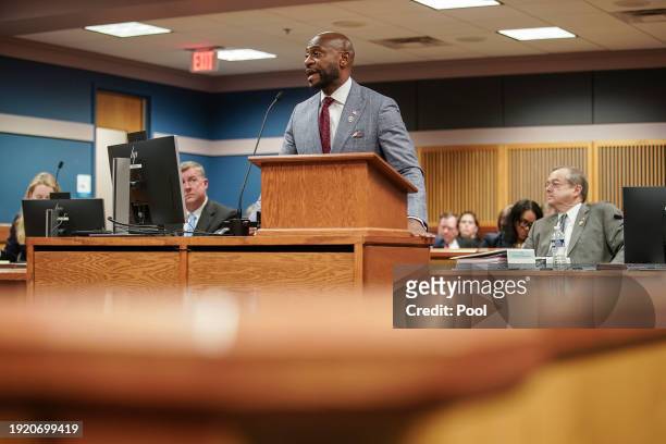 Special prosecutor Nathan Wade speaks during a motions hearing for former U.S. President Donald Trump's election interference case at the Lewis R....