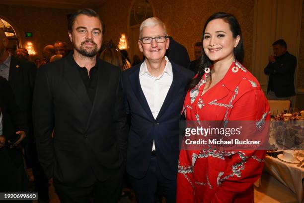 Leonardo DiCaprio, Tim Cook and Lily Gladstone at the AFI Awards 2023 held at the Four Seasons Hotel Los Angeles At Beverly Hills on January 12, 2024...