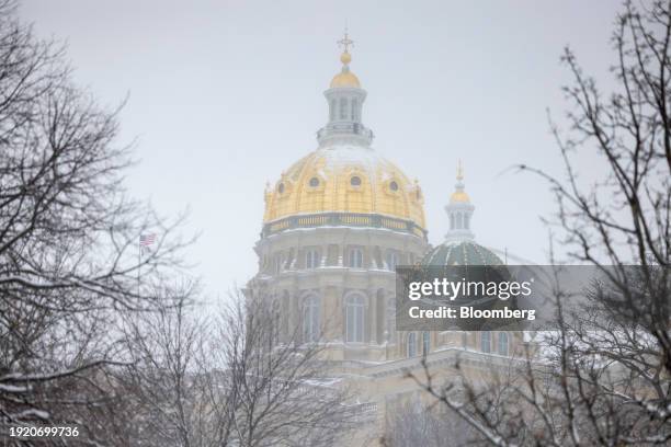 The Iowa State Capitol during a winter storm ahead of the Iowa caucus in Des Moines, Iowa, US, on Friday, Jan. 12, 2024. The polar vortex is about to...