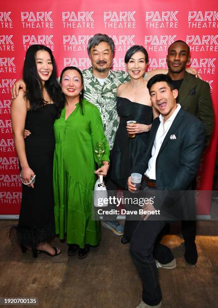 Jennifer Kim, Esther Jun, Ins Choi, Namju Go, Brian Law and Miles Mitchell attend the press night performance of "Kim's Convenience" at Park Theatre...