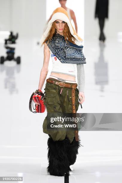 Model on the runway at Dsquared2 Men's Fall 2024 as part of Milan Men's Fashion Week held on January 12, 2024 in Milan, Italy.