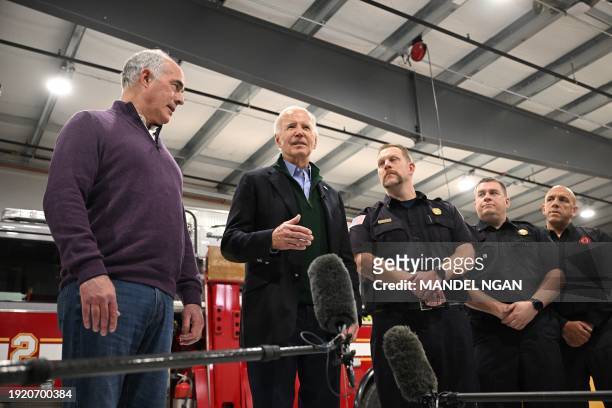 President Joe Biden speaks to the press during a visit to the Fire Training Academy in Allentown, Pennsylvania, on January 12, 2024. Biden...