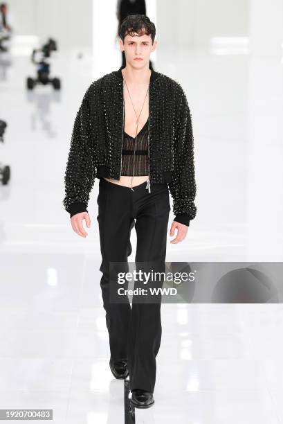 Model on the runway at Dsquared2 Men's Fall 2024 as part of Milan Men's Fashion Week held on January 12, 2024 in Milan, Italy.