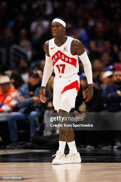 Toronto Raptors guard Dennis Schroder defends during a NBA basketball game against the LA Clippers on January 10, 2024 at Crypto.com Arena in Los...