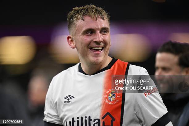 Luton Town's English midfielder Alfie Doughty reacts as he leaves after the English Premier League football match between Burnley and Luton Town at...