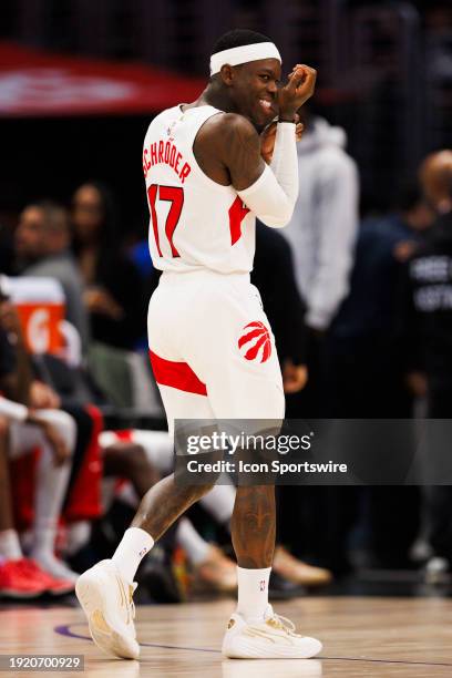 Toronto Raptors guard Dennis Schroder smiles during a NBA basketball game against the LA Clippers on January 10, 2024 at Crypto.com Arena in Los...