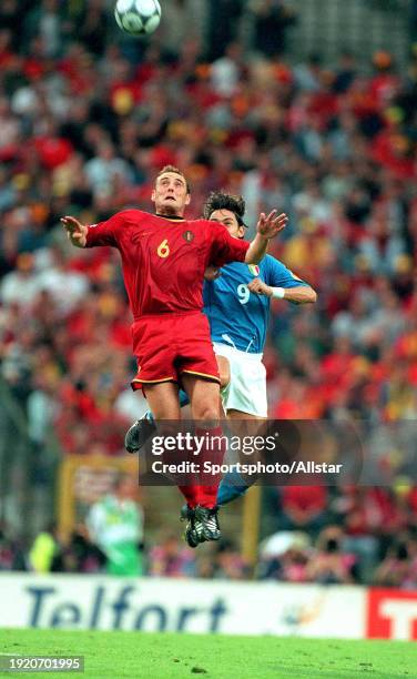 June 14: Philippo Inzaghi of Italy and Yves Vanderhaeghe of Belgium challenge during the Uefa Euro 2000 Group B match between Italy and Belgium at...