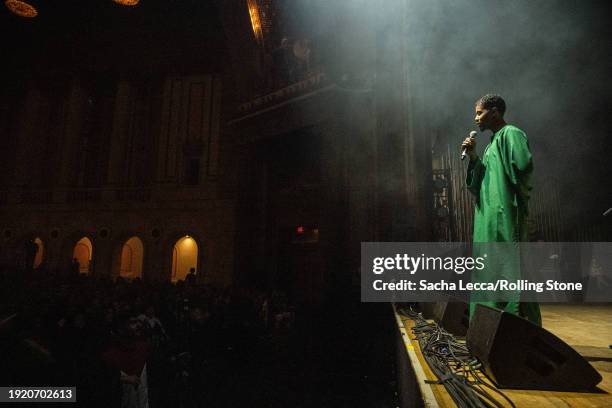 Mustafa The Poet performs at the Artists for Aid: Gaza & Sudan Benefit Concert held at Newark Symphony Hall on January 4, 2023 in Newark, New Jersey.