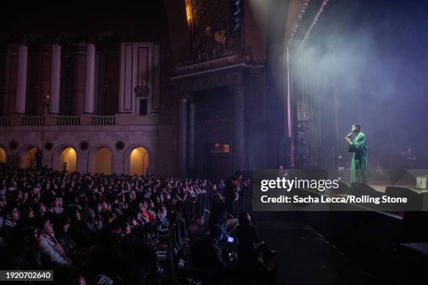 Mustafa The Poet performs at the Artists for Aid: Gaza & Sudan Benefit Concert held at Newark Symphony Hall on January 4, 2023 in Newark, New Jersey.