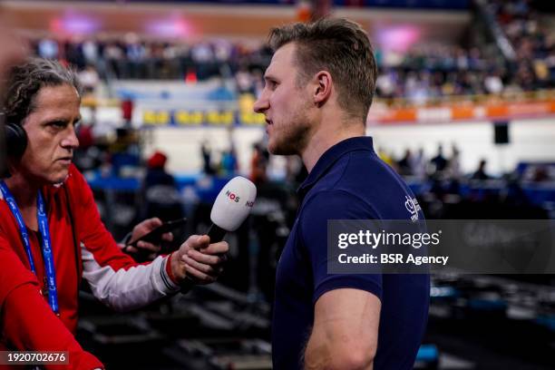 Jeffrey Hoogland of the Netherlands gives an interview to NOS reporter Han Kock during Day 3 of the 2024 UEC Track Elite European Championships at...