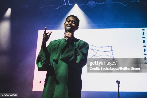 Mustafa The Poet performs at the Artists for Aid: Gaza & Sudan Benefit Concert held at Newark Symphony Hall on January 4, 2023 in Newark, New Jersey.