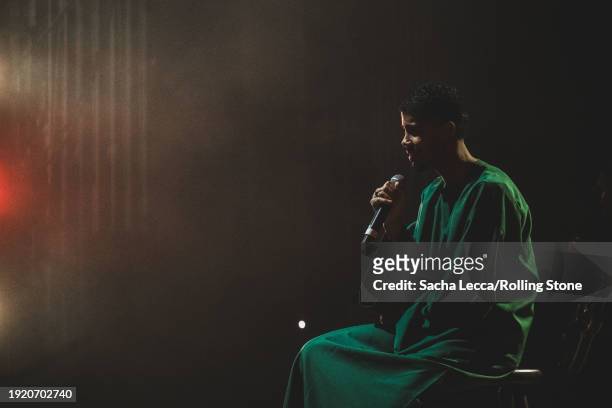 Mustafa The Poet performs at the Artists for Aid: Gaza & Sudan Benefit Concert held at Newark Symphony Hall on January 4, 2023 in Newark, New Jersey.