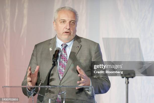 Bob Pearce, associate administrator of the Aeronautics Research Mission Directorate, speaks during a media preview of the X-59 aircraft at Lockheed...